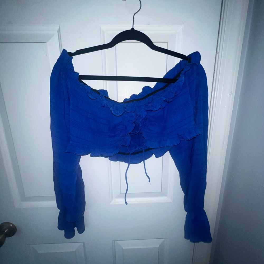 Blue tie front off the shoulder crop top